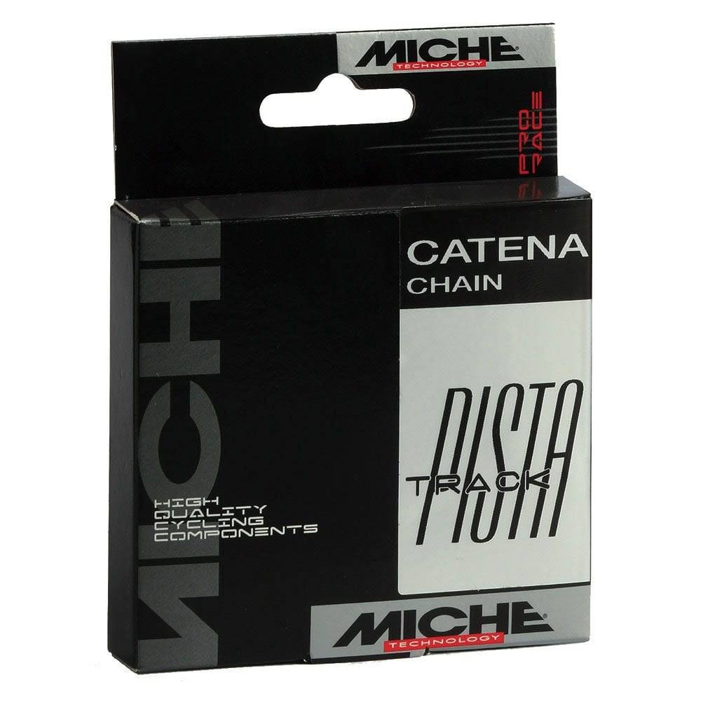 Miche X1 Track 1/8" nickel-plated steel chain for track racing, showing the durable, shiny chain links used in high-performance cycling components.