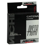 Miche X1 Track 1/8" nickel-plated steel chain for track racing, showing the durable, shiny chain links used in high-performance cycling components.