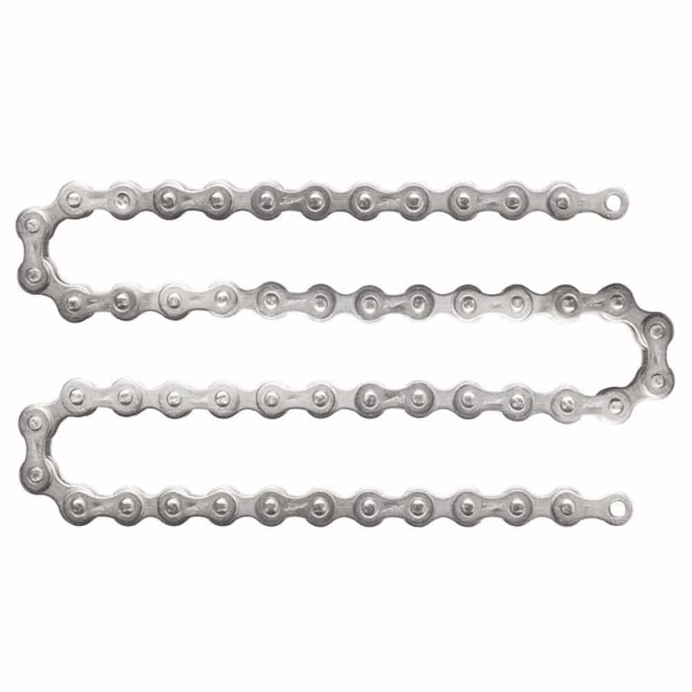 Nickel-plated steel Miche X1 Track 1/8" chain for track racing components, showing the detailed chain links.