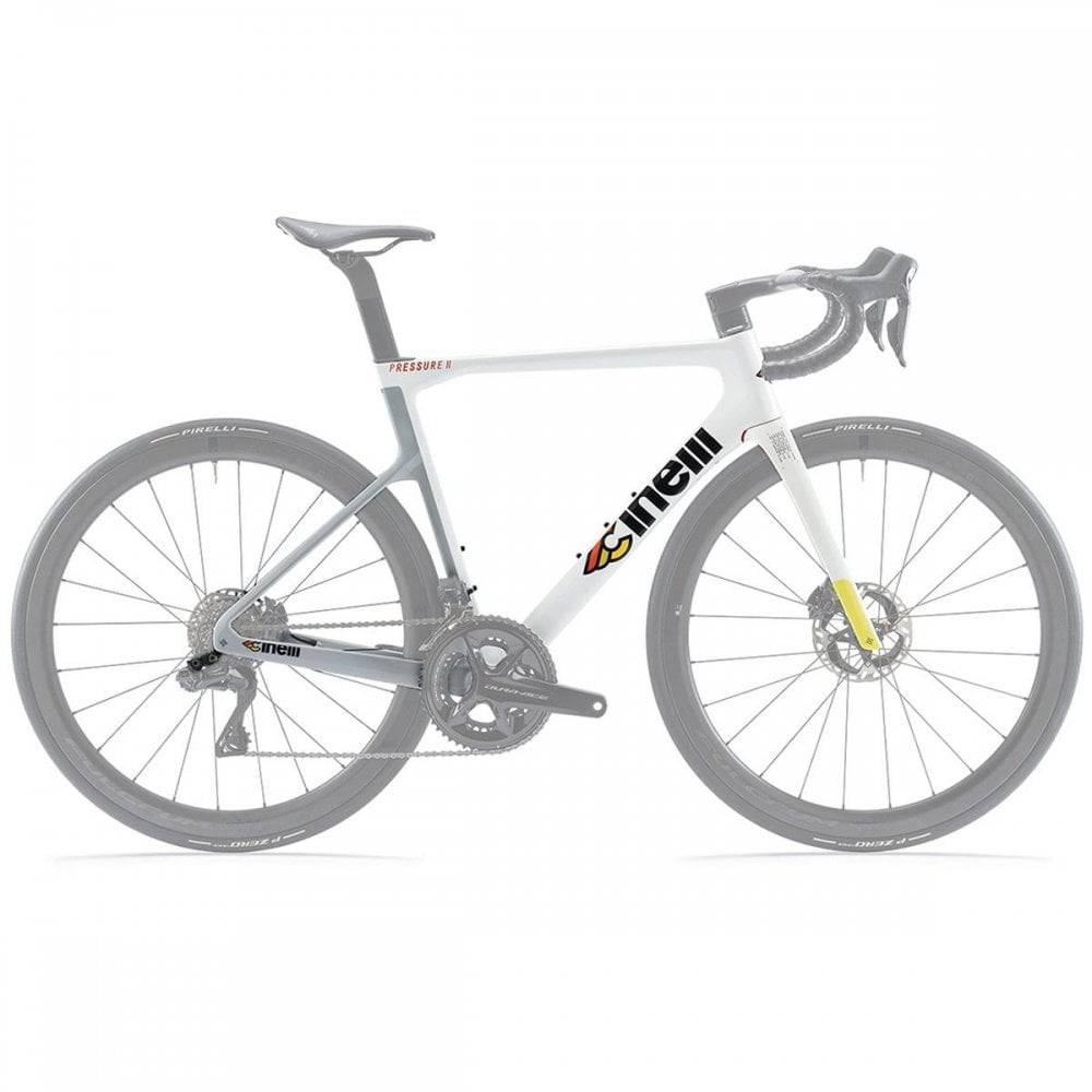 Cinelli Pressure II racing white road frameset with disc brake mounts and aero seatpost, lightweight cycling components.