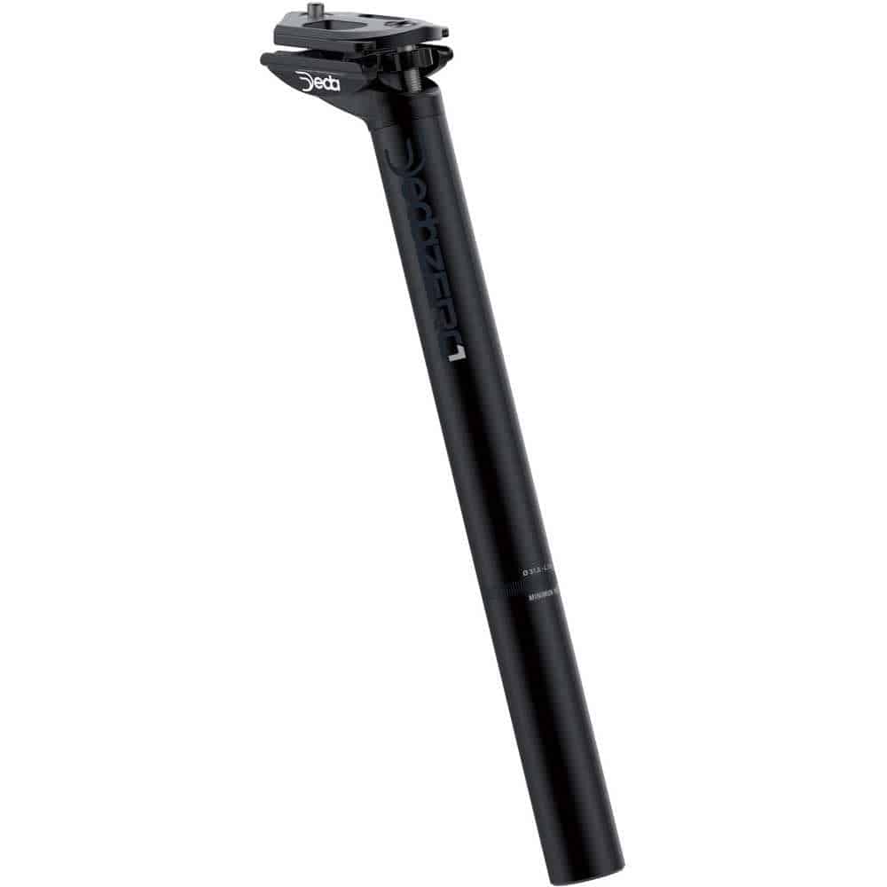 Deda Zero1 alloy seatpost with twin bolt adjustment and Di2 battery adapter compatibility, shown from side angle.