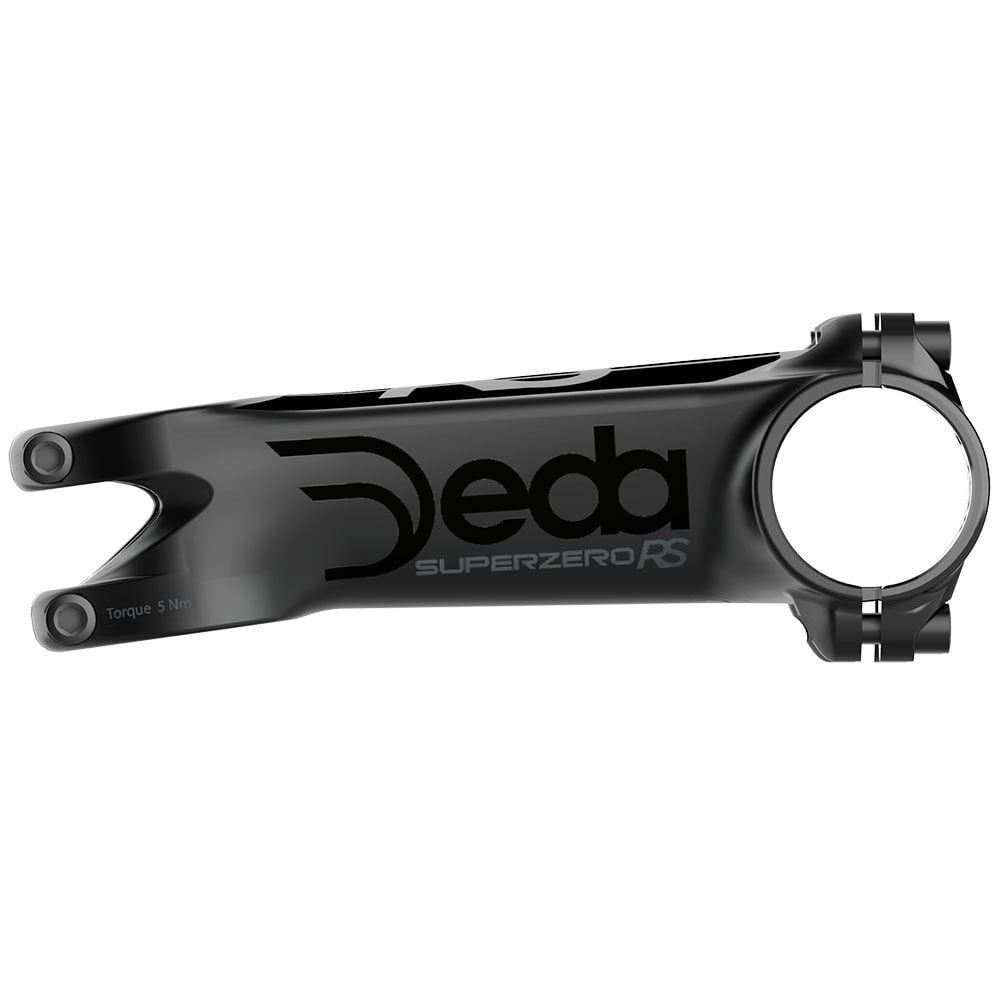 Deda Superzero RS 3D forged aero road bike stem with titanium bolts, showcasing sleek black component for bike handling.