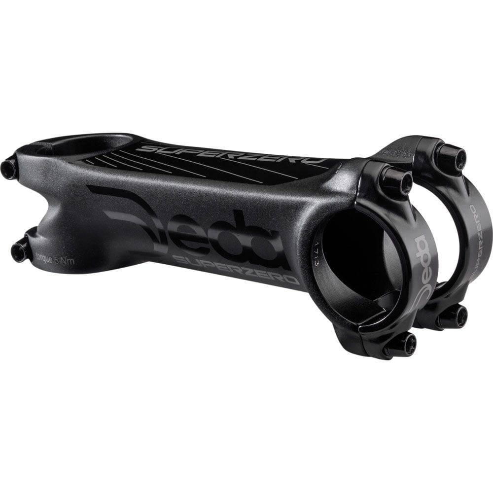 Deda Superzero alloy road bike stem with 31.7mm clamp and 82° angle, showing the sleek black finish and branding.