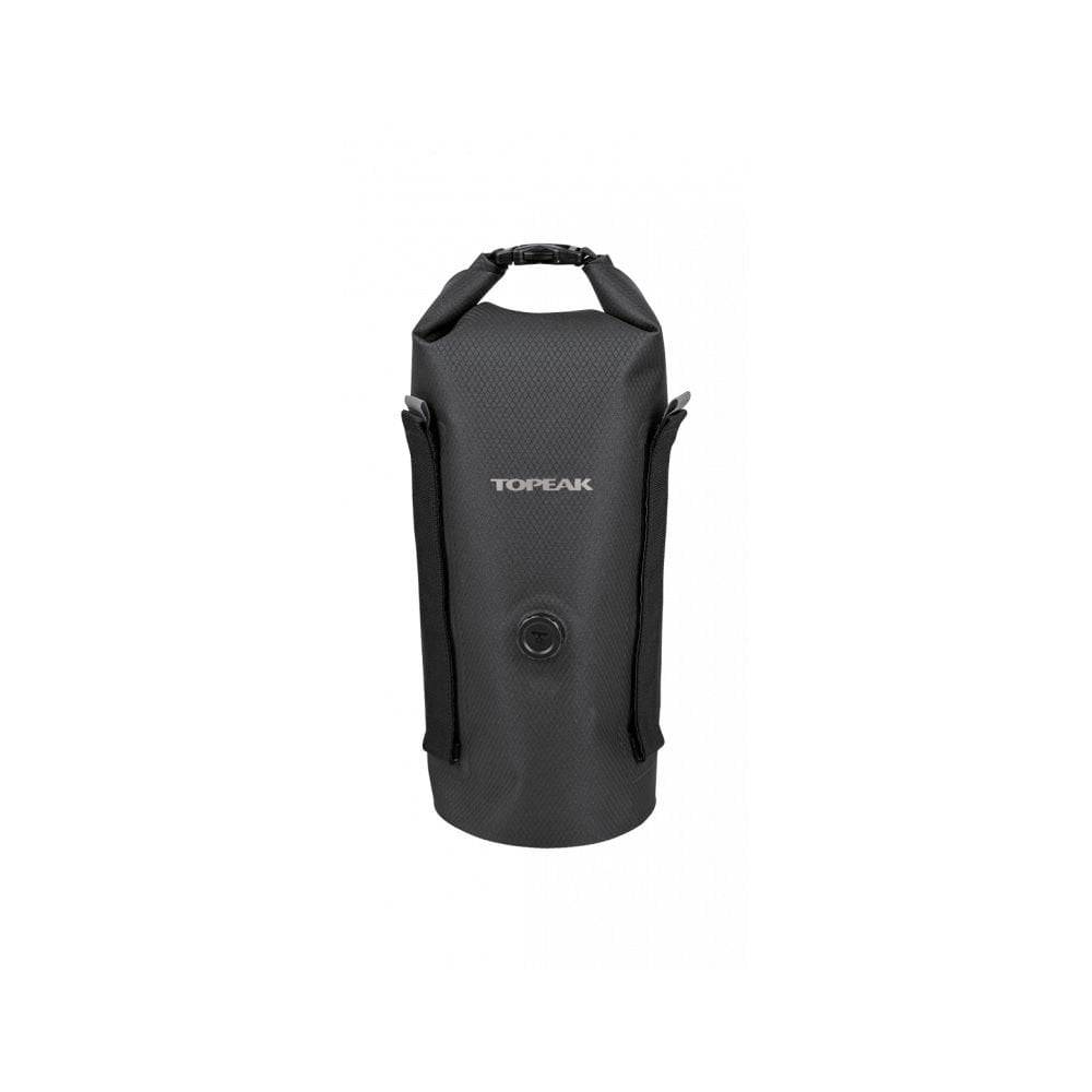 Topeak 4L weatherproof fork drybag for bikepacking, black, designed for Versacage mount on a bicycle.