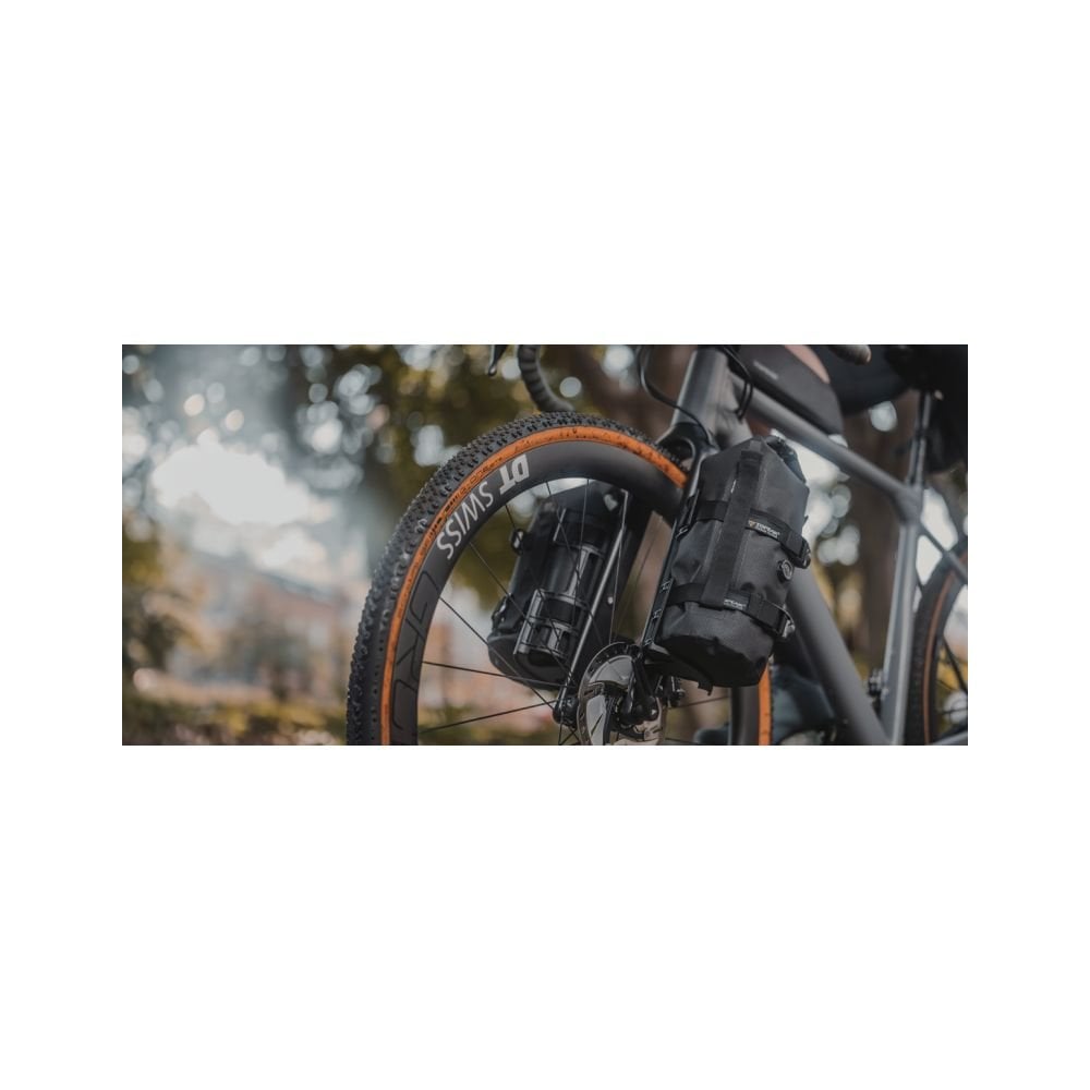 Topeak Fork Drybag 4L weatherproof bikepacking bag mounted on bike fork, black, designed for Versacage mount.