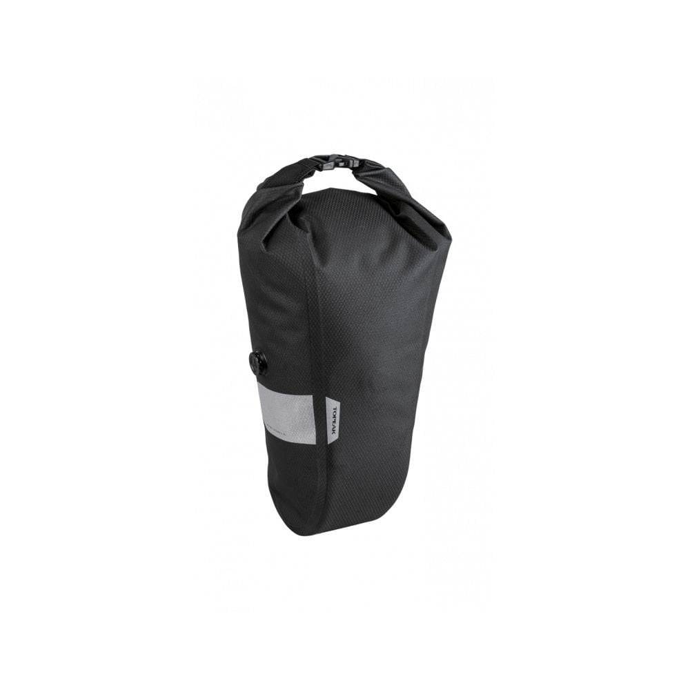 Topeak QR Fork Drybag 5.8L black waterproof TPU bikepacking accessory attached to a bike fork for outdoor adventures.