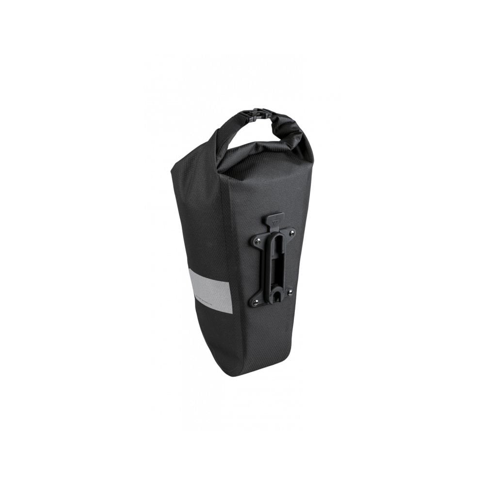 Black Topeak QR Fork Drybag 5.8L bolt-on bikepacking bag with waterproof TPU material attached to a bicycle fork.