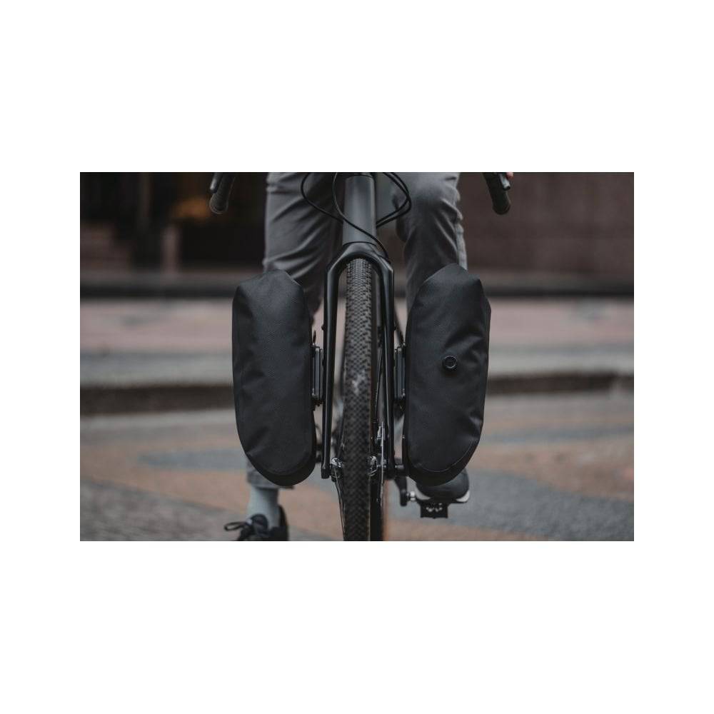 Topeak QR Fork Drybag 5.8L black waterproof TPU bikepacking accessory mounted on a bike fork.