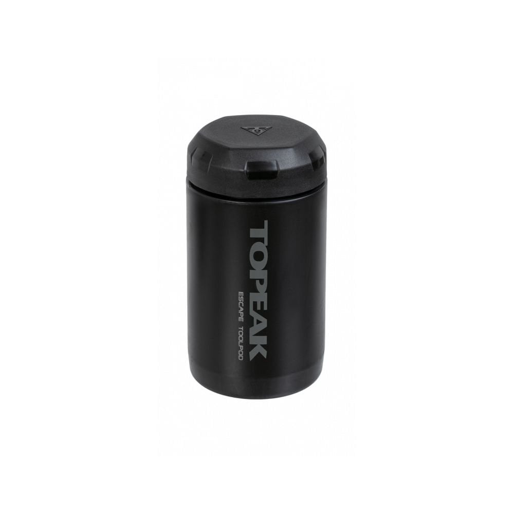 Topeak Escape Pod+ bike tool storage pod in black with noise-reduction lining, designed for cycling accessories and gear storage.