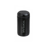 Topeak Escape Pod+ bike tool storage pod in black with noise-reduction lining, designed for cycling accessories and gear storage.