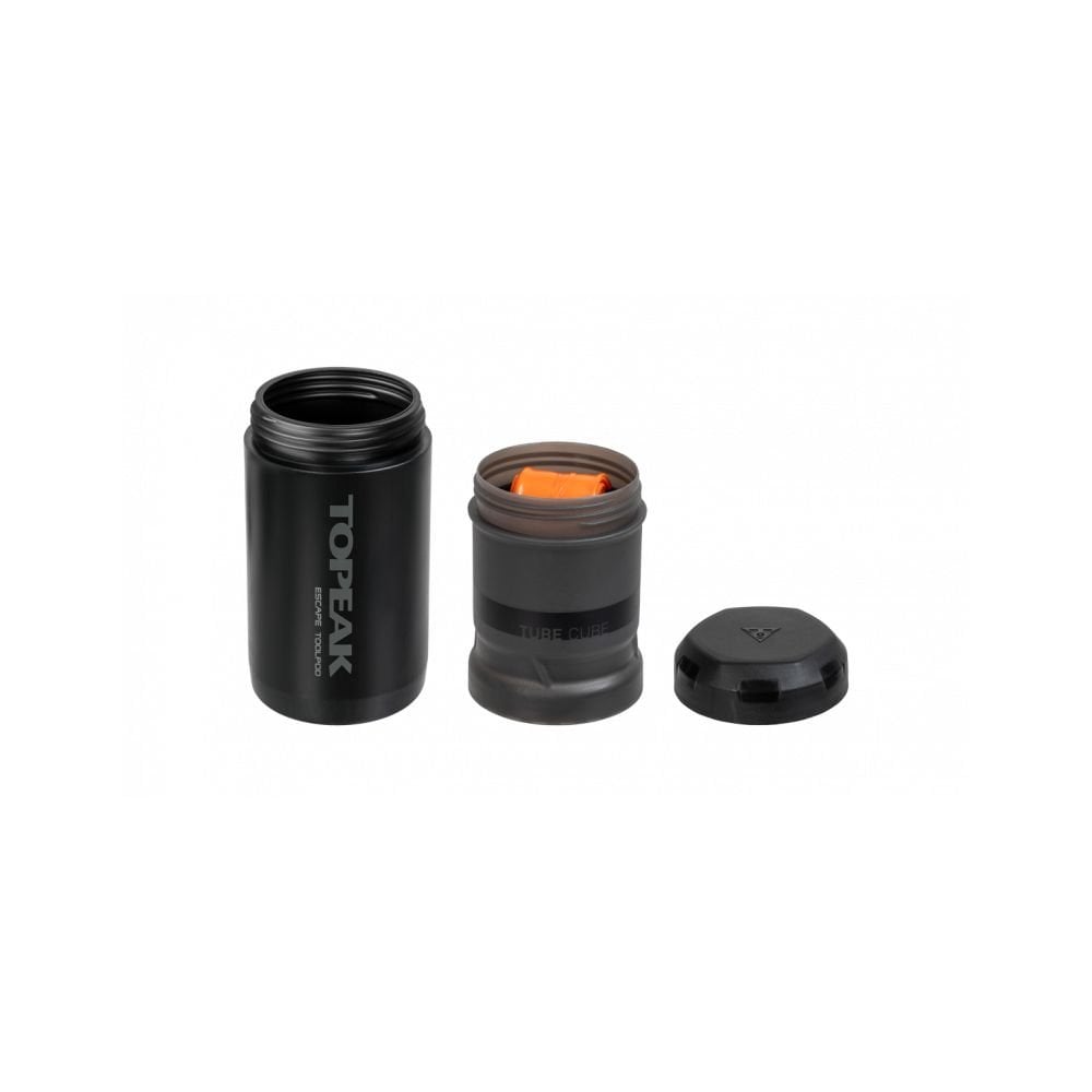 Topeak Escape Pod+ bike storage bag in black attached to a standard bottle cage, designed for cycling accessories and tools.
