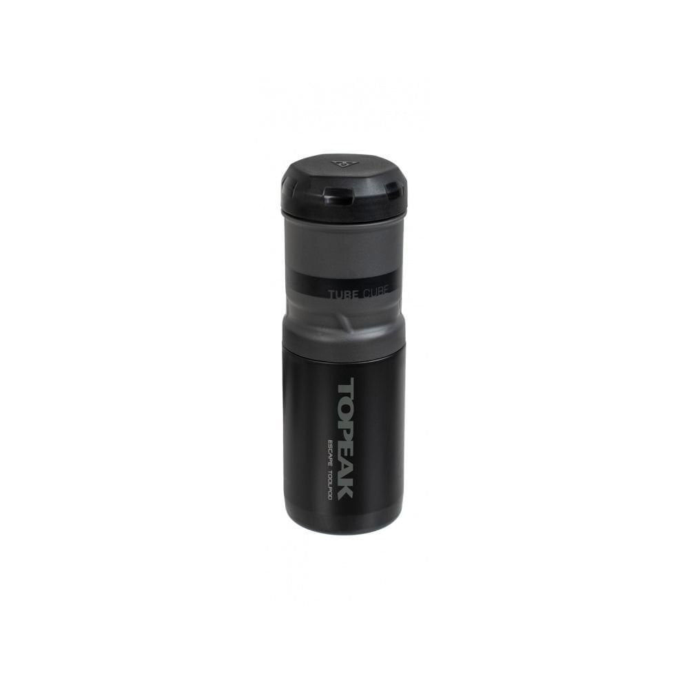 Topeak Escape Pod+ bike storage bag in black, designed to fit standard bottle cages, with a compact, durable accessory for cycling gear.