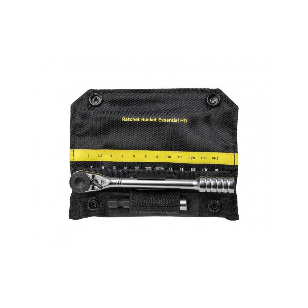 Topeak Ratchet Rocket Essential HD multi-tool in black with 15 functions and 60Nm torque, shown in workshop setting