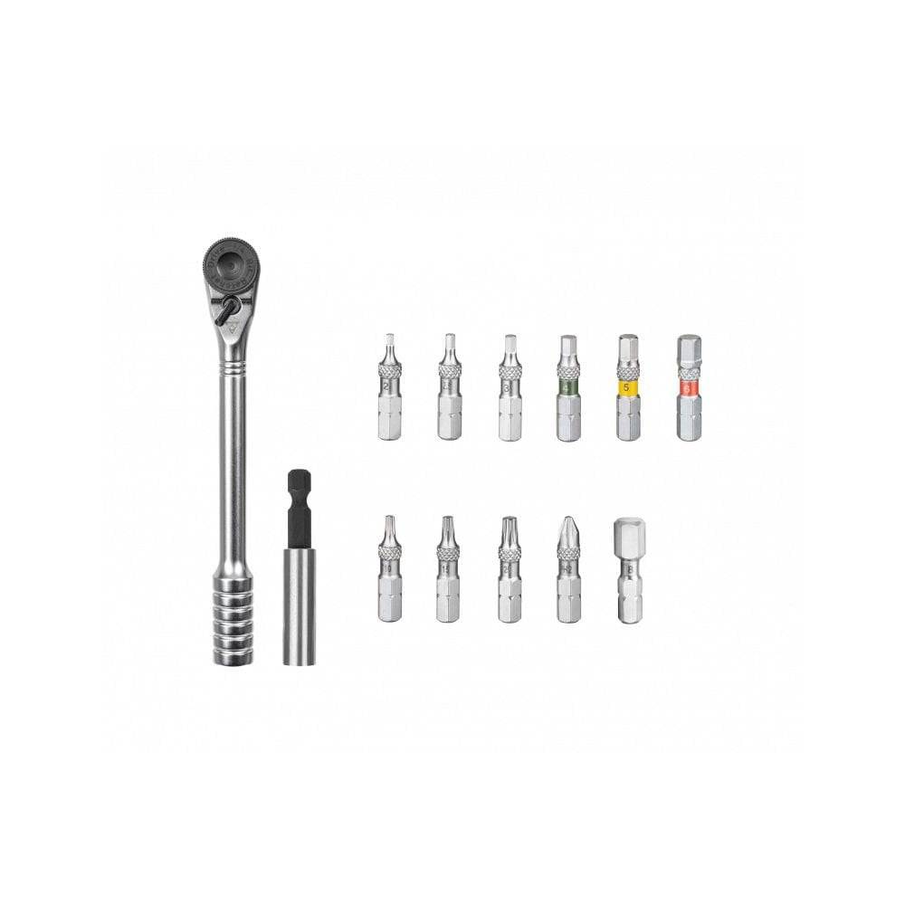 Topeak Ratchet Rocket Essential HD multi-tool in black with 15 functions, showcasing its compact design and multiple tools.
