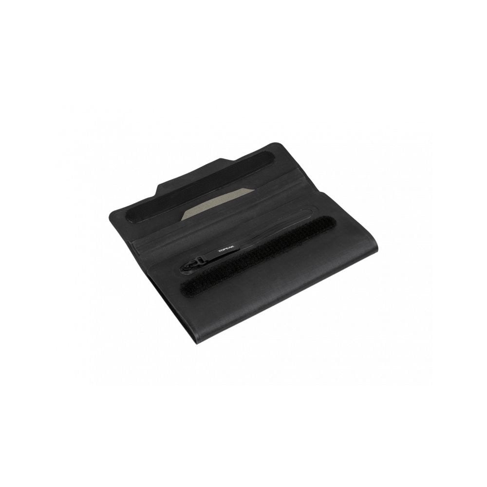 Topeak Drywallet Large waterproof phone wallet in black, designed for cycling, with IPX5 water resistance and secure closure.