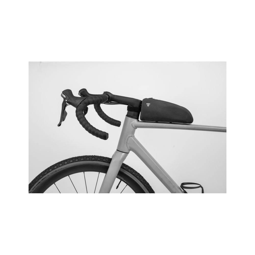 Topeak Toploader Drybag 1L waterproof bikepacking bag in black mounted on bike top tube for accessories storage