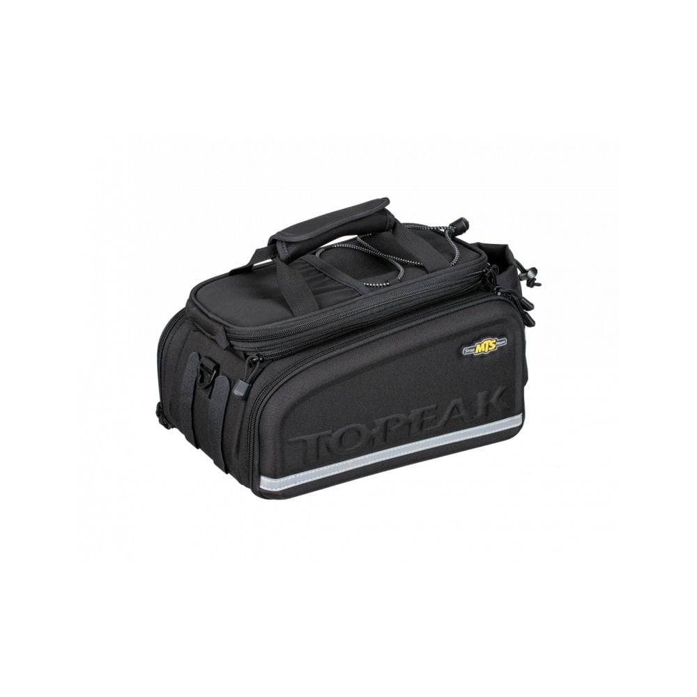 Topeak MTS TrunkBag DXP black bike rack bag with expandable design, weather-resistant material, and built-in bottle holder.