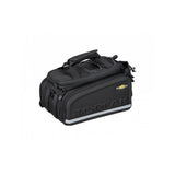 Topeak MTS TrunkBag DXP black bike rack bag with expandable design, weather-resistant material, and built-in bottle holder.