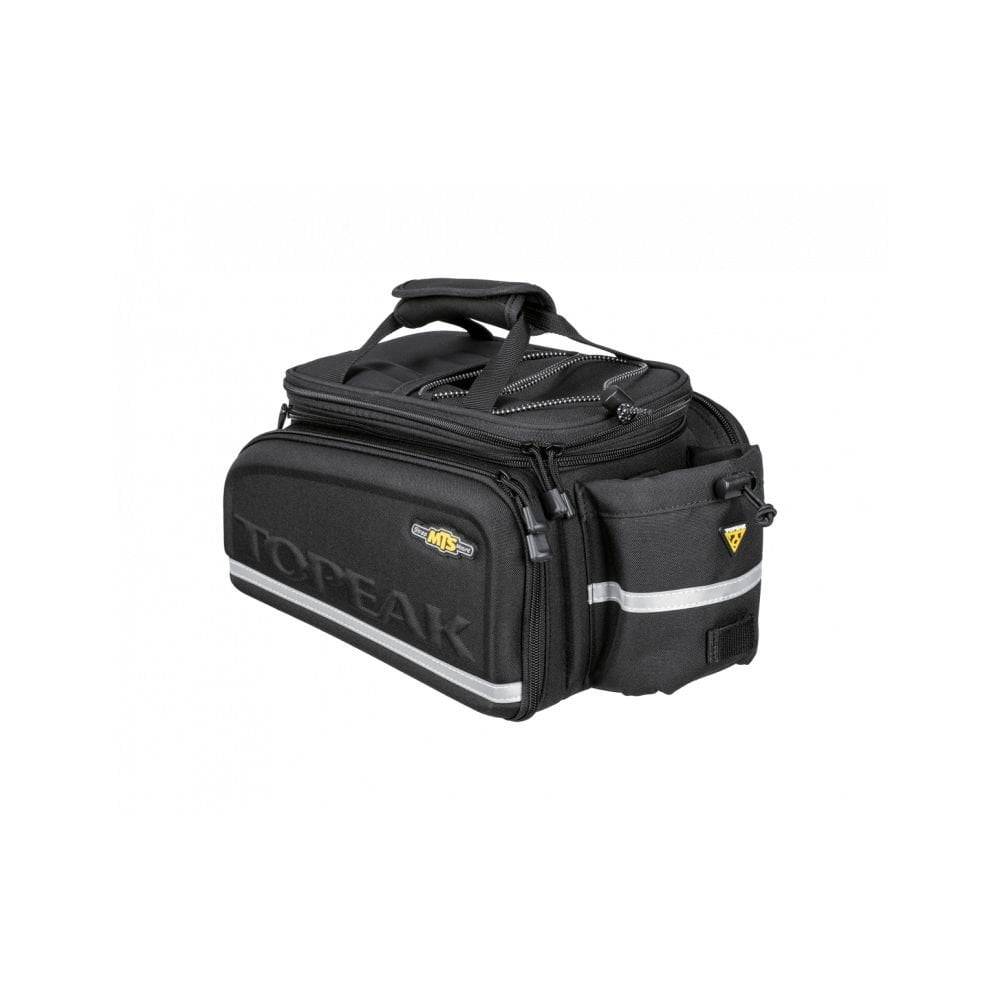 Topeak MTS TrunkBag DXP black bike rack bag with expandable design, weather-resistant fabric, and bottle holder attachment.