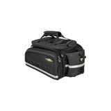 Topeak MTS TrunkBag DXP black bike rack bag with expandable design, weather-resistant fabric, and bottle holder attachment.
