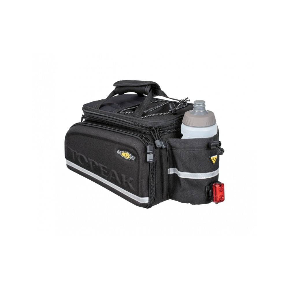 Topeak MTS TrunkBag DXP black bike rack bag with expandable design, weather-resistant material, and integrated bottle holder.