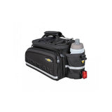 Topeak MTS TrunkBag DXP black bike rack bag with expandable design, weather-resistant material, and integrated bottle holder.