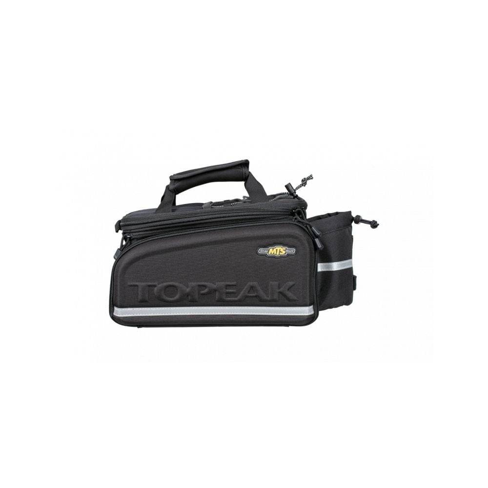 Topeak MTS TrunkBag DXP black bike rack bag with expandable storage and water-resistant material, featuring a side bottle holder.