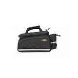 Topeak MTS TrunkBag DXP black bike rack bag with expandable storage and water-resistant material, featuring a side bottle holder.