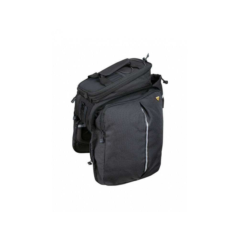 Topeak MTS TrunkBag DXP black bike rack bag with expandable storage, weather-resistant material, and built-in bottle holder.