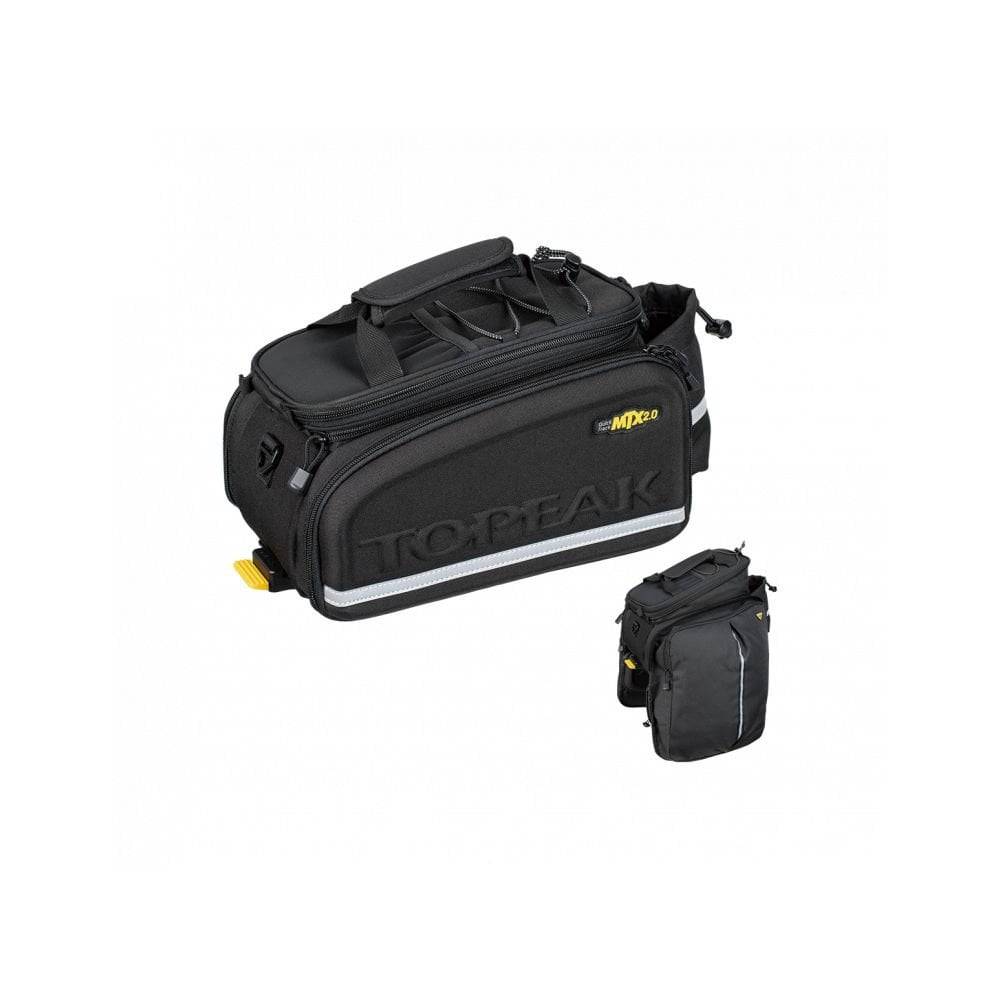 Topeak MTX TrunkBag DXP black bike rack bag with expandable pannier, designed for outdoor cycling accessories.