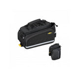 Topeak MTX TrunkBag DXP black bike rack bag with expandable pannier, designed for outdoor cycling accessories.