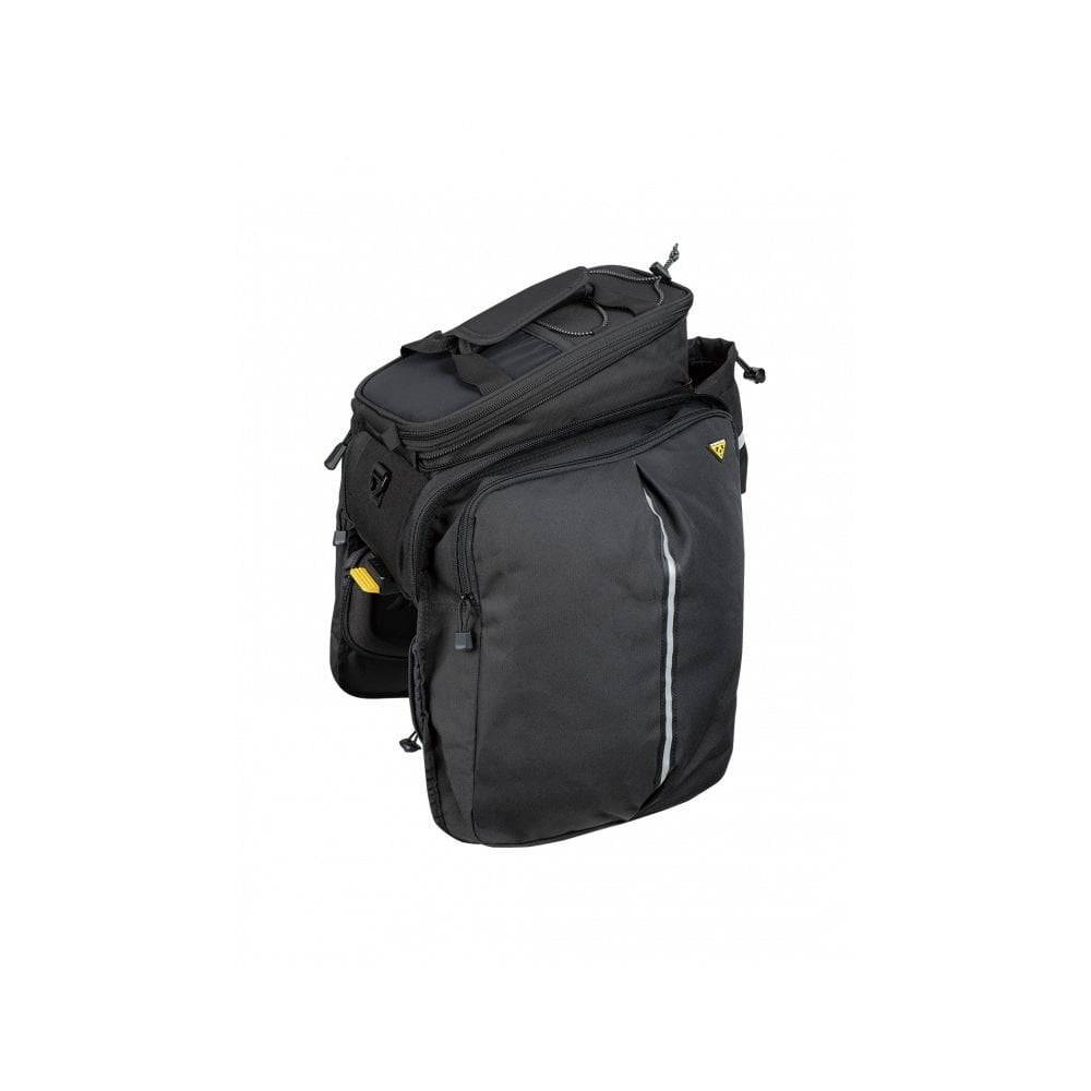 Topeak MTX TrunkBag DXP black expandable bike rack bag with pannier 2.0 attached, showcasing its compact and versatile design.