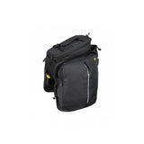 Topeak MTX TrunkBag DXP black expandable bike rack bag with pannier 2.0 attached, showcasing its compact and versatile design.