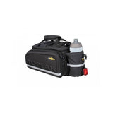 Topeak MTX TrunkBag EXP bike rack bag in black with quick-release system, showing its expandable design and pannier features.