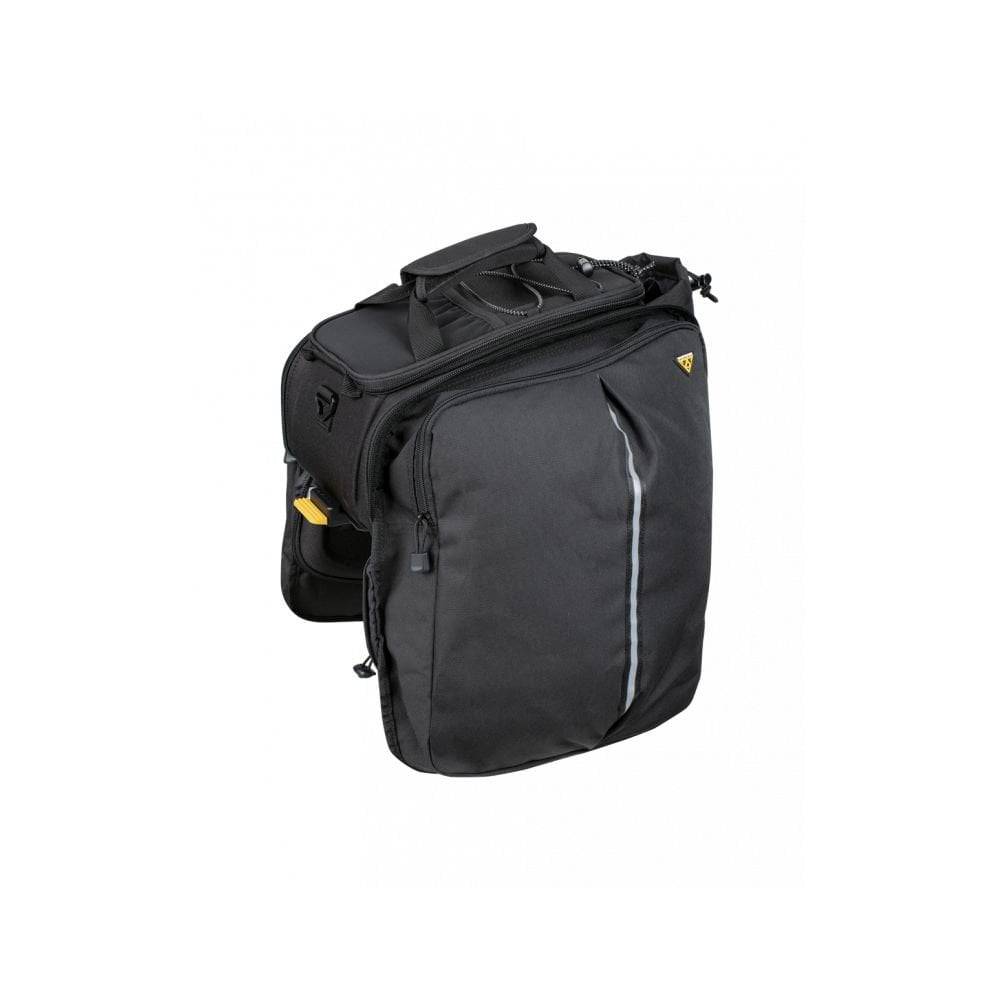 Topeak MTX TrunkBag EXP bike rack bag in black with quick-release system, featuring expandable design and pannier compatibility.