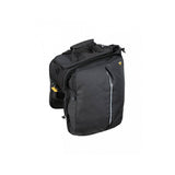 Topeak MTX TrunkBag EXP bike rack bag in black with quick-release system, featuring expandable design and pannier compatibility.