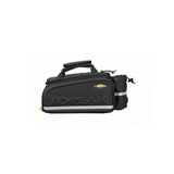 Topeak MTX TrunkBag EXP black bike rack bag with quick-release system and expandable design for cycling accessories.