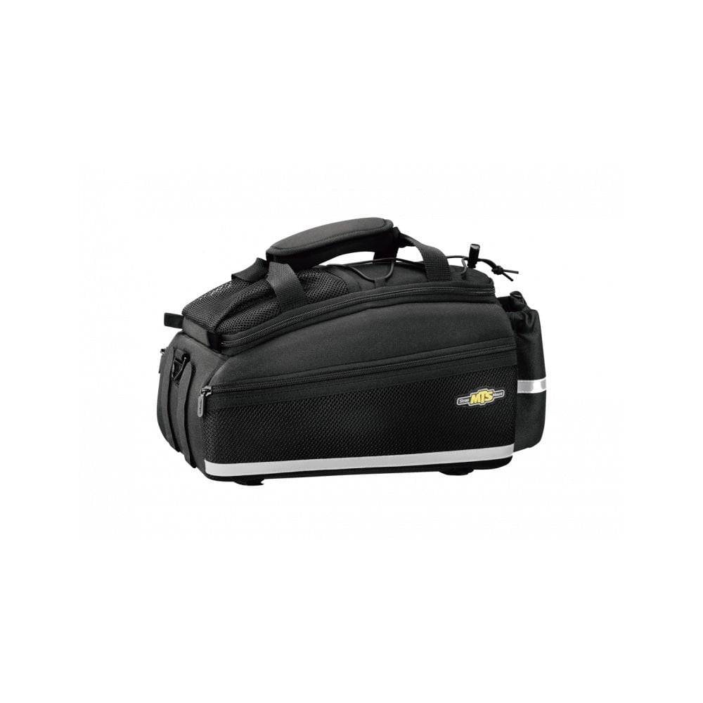 Topeak MTS TrunkBag EX 8L black bike rack bag with Velcro mounting system, weather-resistant accessories for cycling.