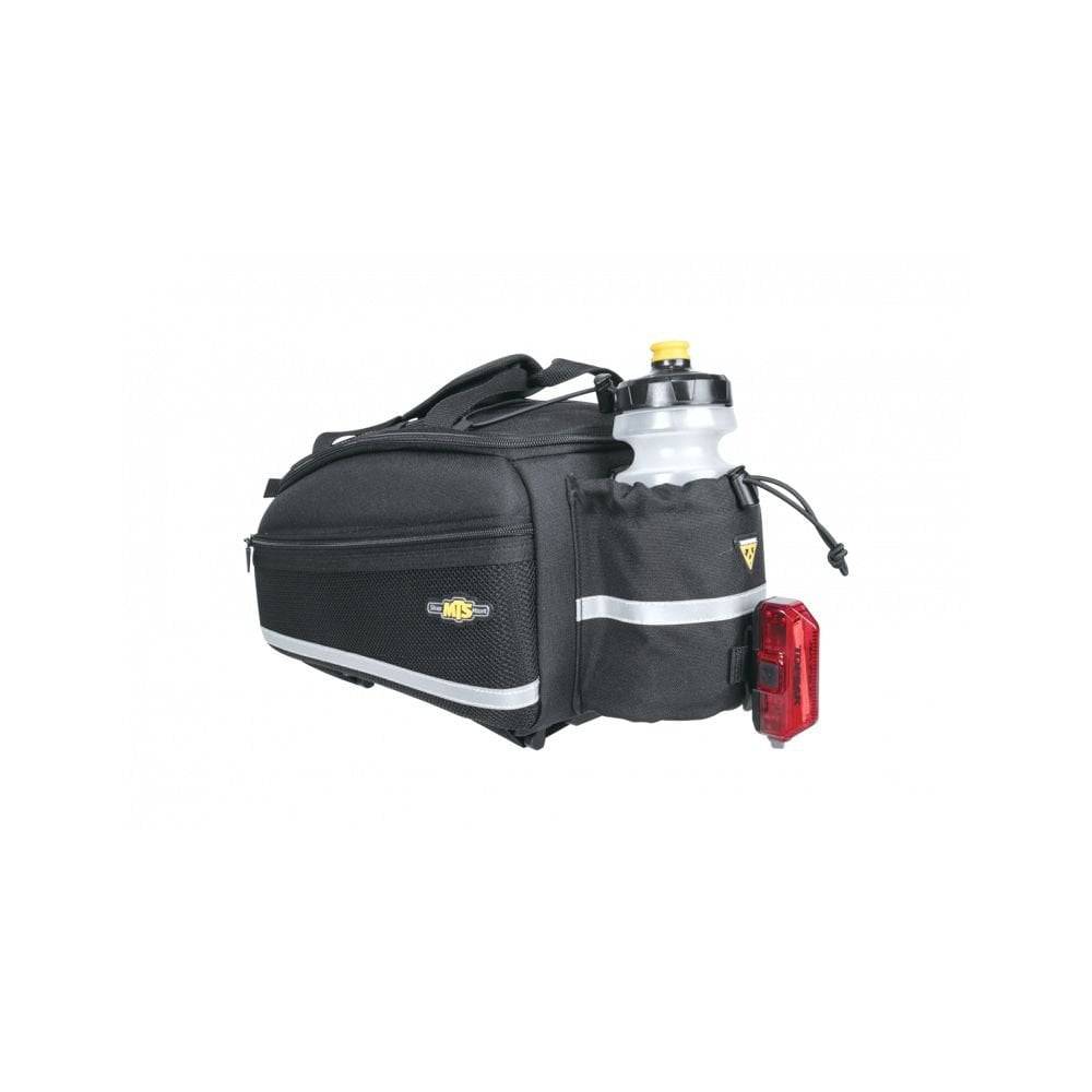 Topeak MTS TrunkBag EX 8L black bike rack bag with Velcro mounting system, weather-resistant cycling accessory on a bike.