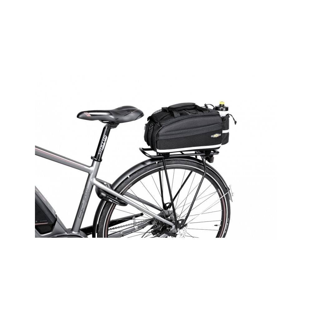 Topeak MTS TrunkBag EX 8L black bike rack bag with Velcro mounting system, weather-resistant cycling accessories.