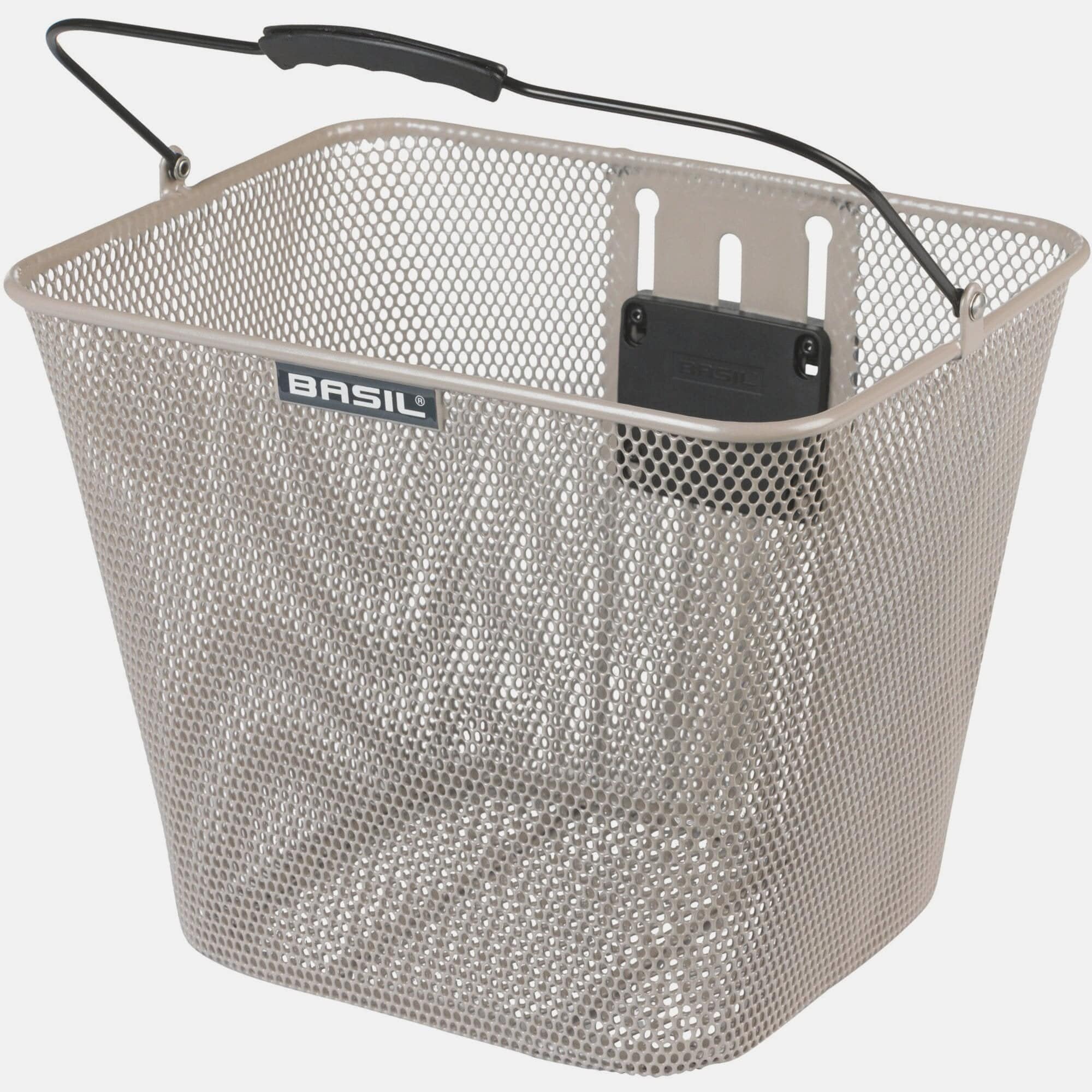 Basil Bilbao Nude Metallic front bicycle basket with adjustable height and KF plate, designed for bike accessories.