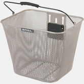 Basil Bilbao Nude Metallic front bicycle basket with adjustable height and KF plate, designed for bike accessories.