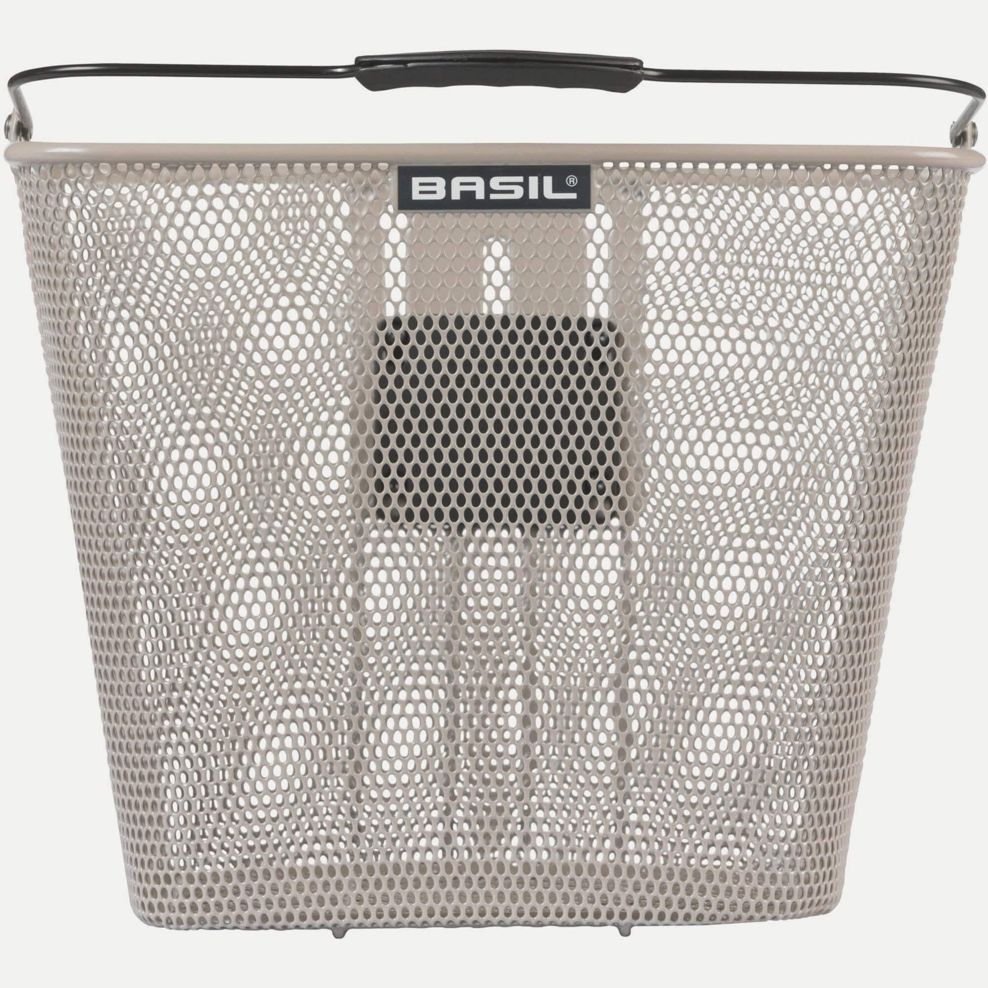 Basil Bilbao Nude Metallic front bicycle basket with adjustable height and KF plate, designed for stylish cycling accessories.