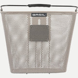 Basil Bilbao Nude Metallic front bicycle basket with adjustable height and KF plate, designed for stylish cycling accessories.