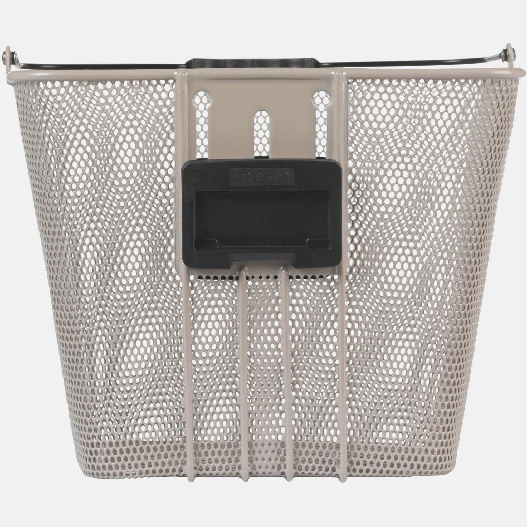 Basil Bilbao Nude Metallic Front Bicycle Basket with adjustable height and KF plate for accessories and bike storage.
