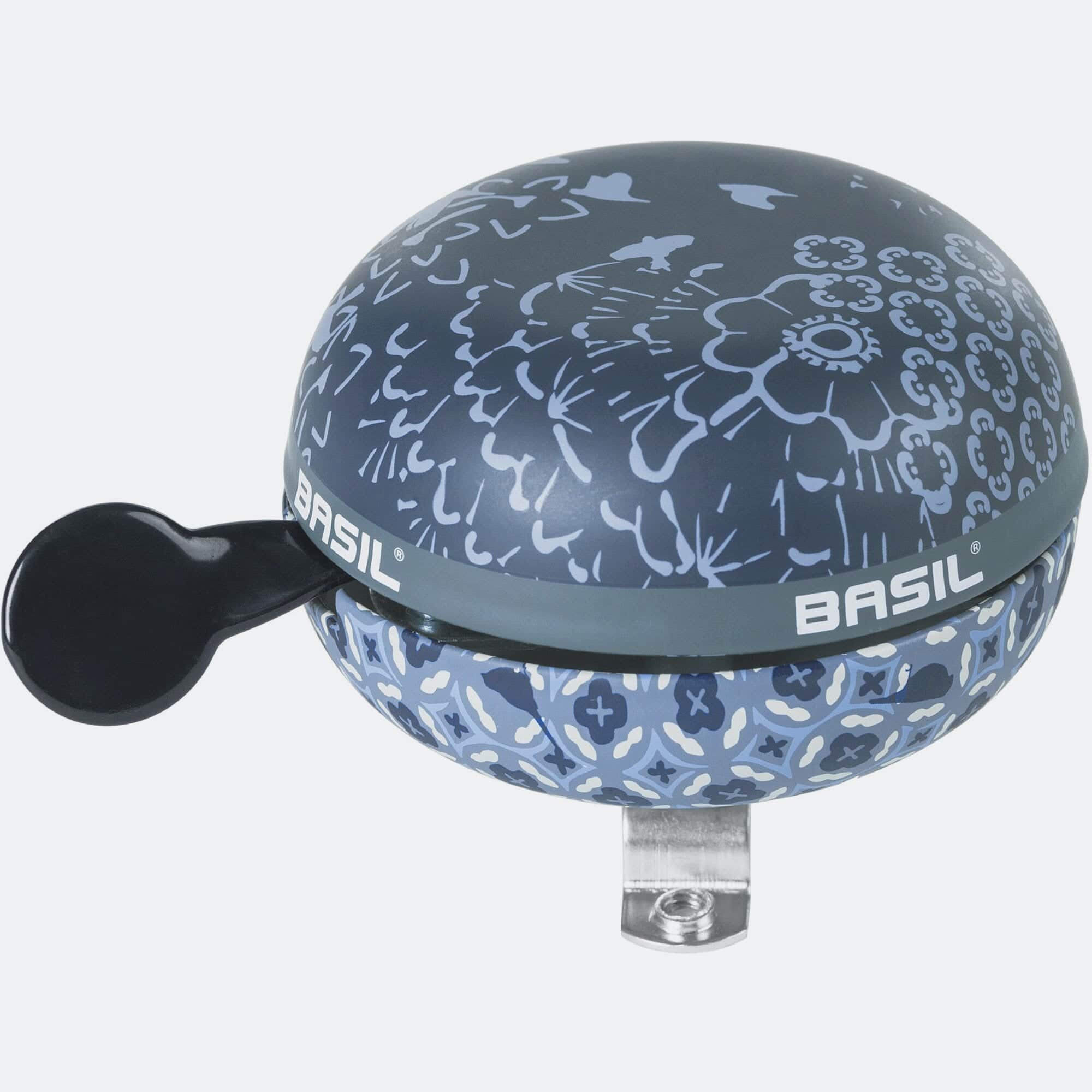 Basil Bohème Indigo Blue bicycle bell, 80mm size, stylish design, loud ding-dong sound, bicycle accessories for alert and style.