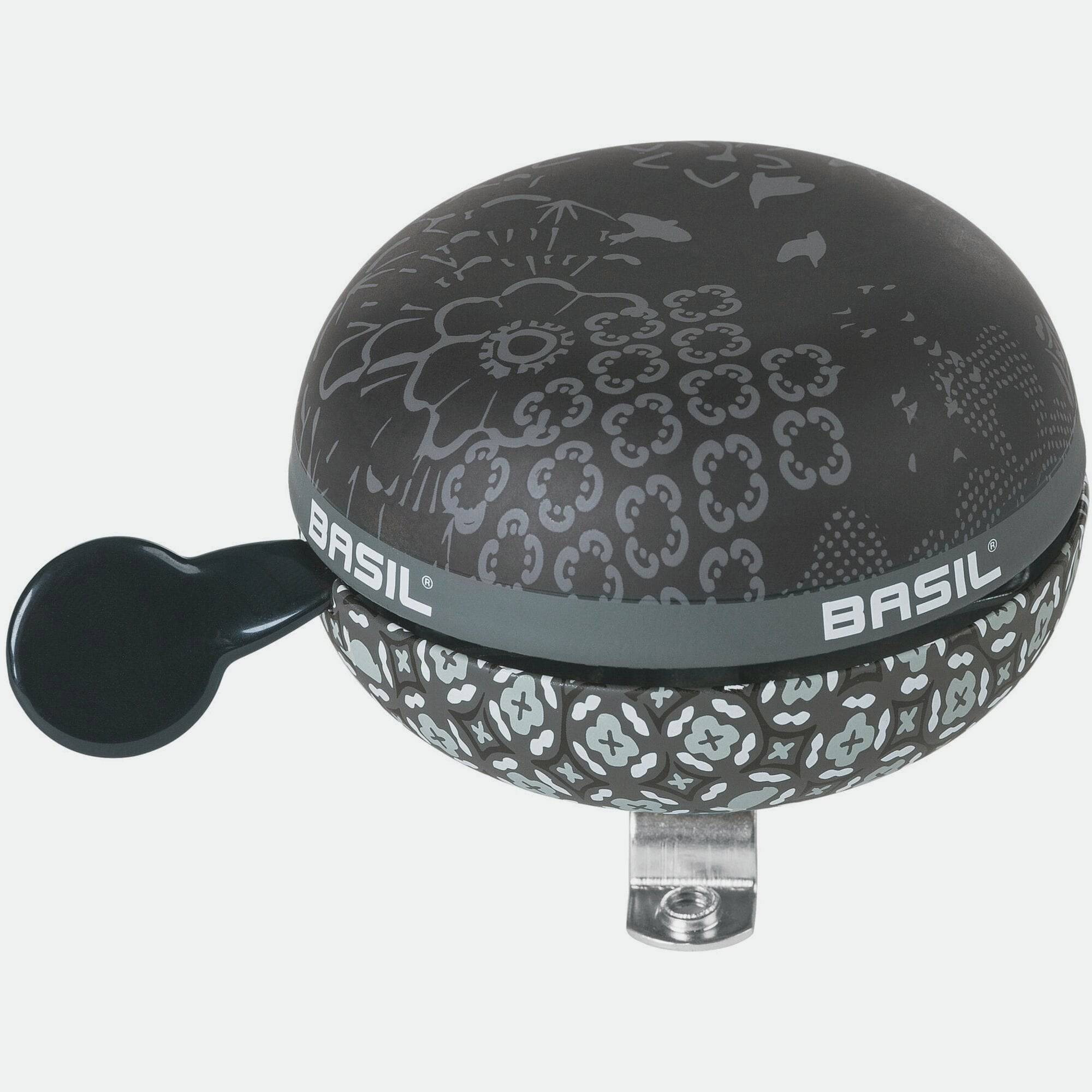 Basil Bohème 80mm charcoal bicycle bell with a stylish design and loud sound, mounted on a bike handlebar.