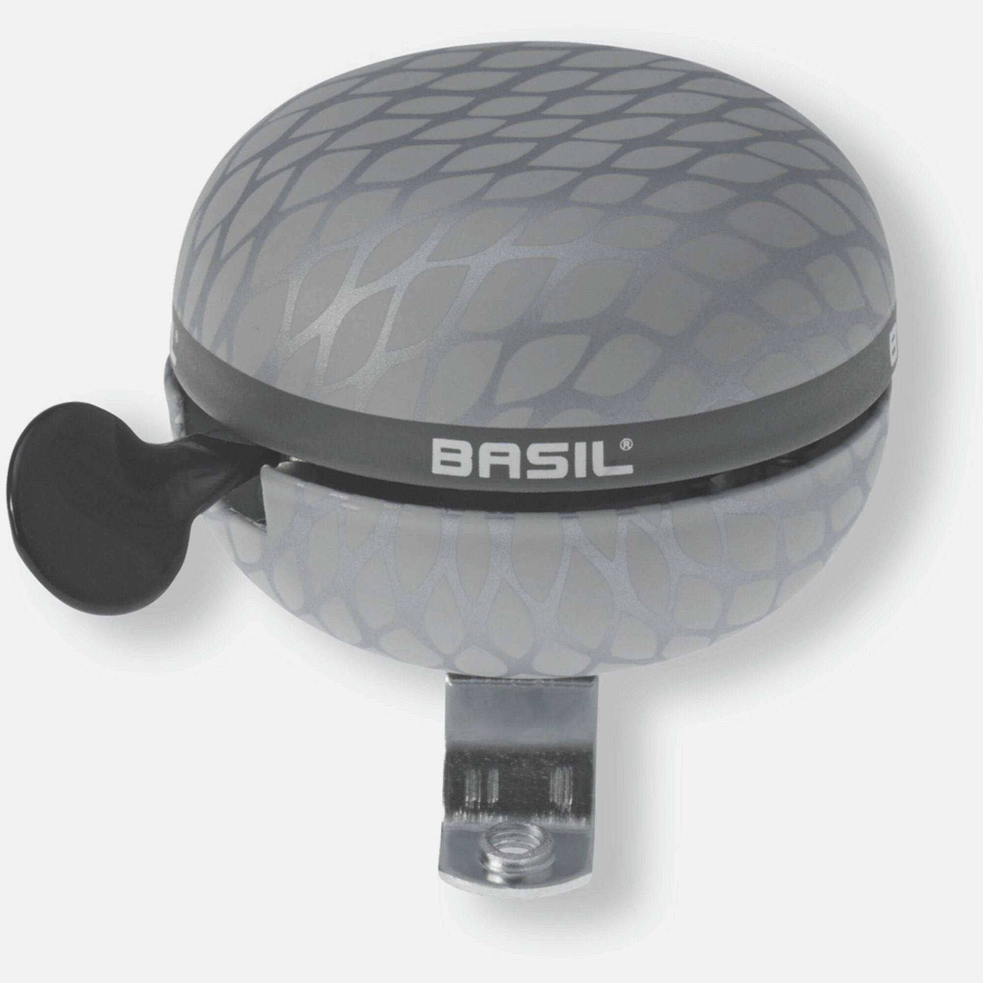 Basil Noir silver metallic bicycle bell with 60mm snakeskin design, urban riding accessory, bicycle accessories, stylish and functional.