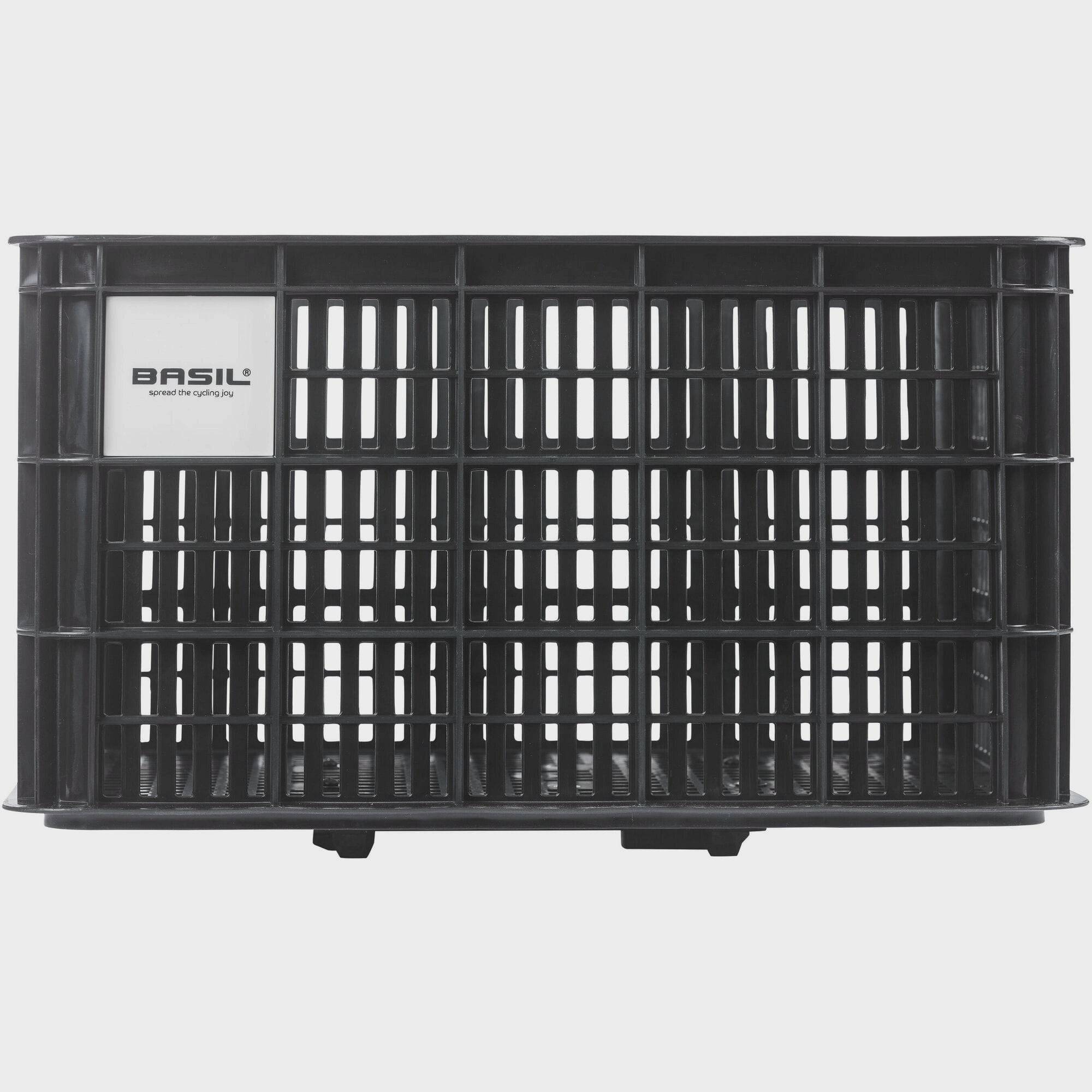 Large Basil Basil Bicycle Crate MIK 40L black recycled synthetic bike basket attached to a bicycle for carrying small items.