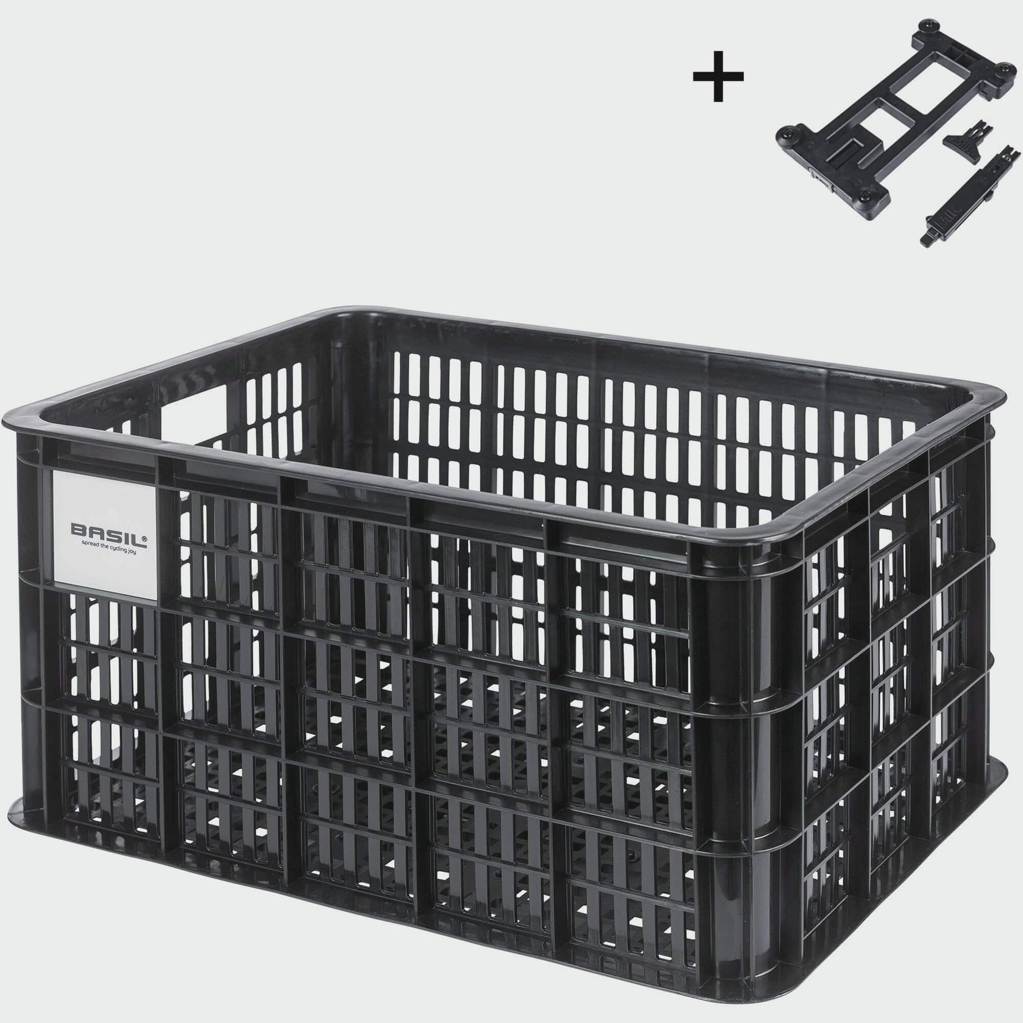 Large Basil Basil Bicycle Crate MIK 40L black recycled synthetic bike basket attached to a bicycle for carrying items.
